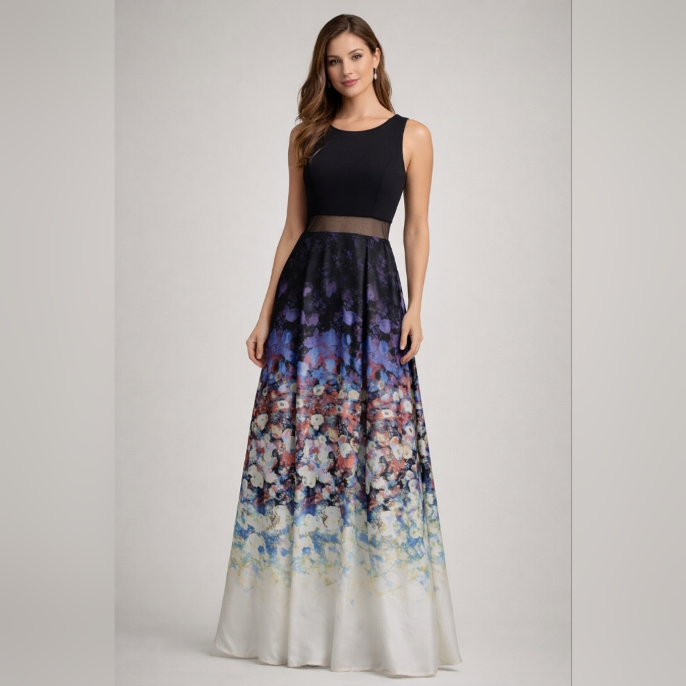 Betsy & Adam Floral Maxi Dress Size 2 Black Illusion Waist Formal Gown